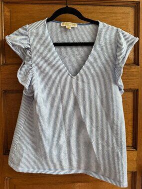 Michael Kors Blue & White Seersucker Flutter Sleeve Top XL